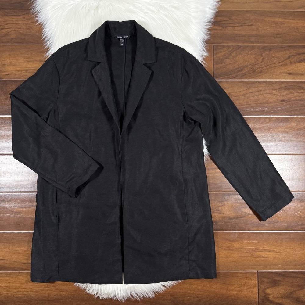 Eileen Fisher Size Small Black Open Front Jacket Blazer Lyocell Organic Linen‎